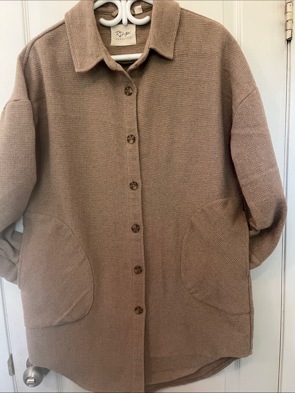 RD Style Conscious Taupe Textured Button-Front Trench Coat